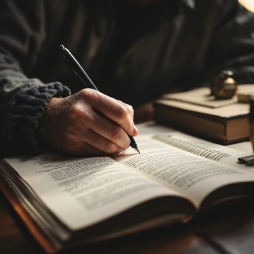 Hand holding a pen and writing in an open book, with antique books stacked on a dimly lit desk.